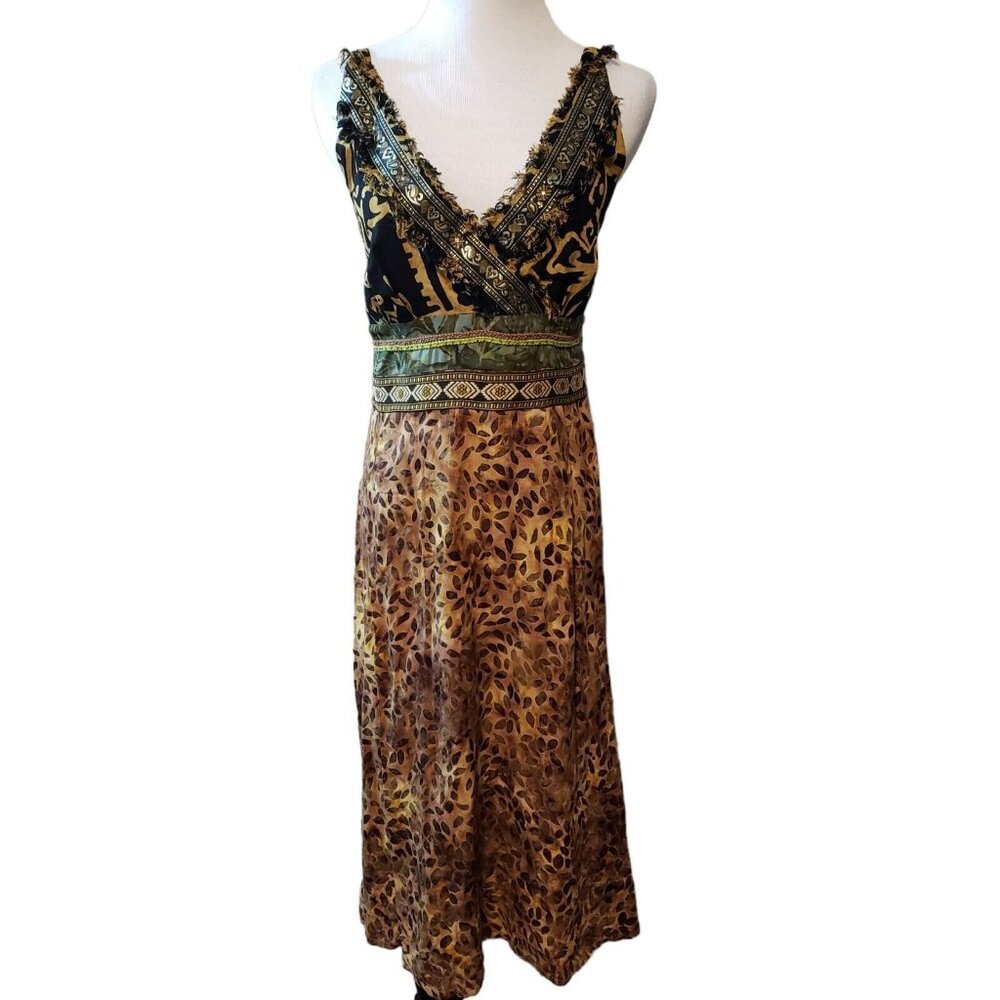 Faith tribal print midi dress boho fringe trim beaded embroidered smocked Size M